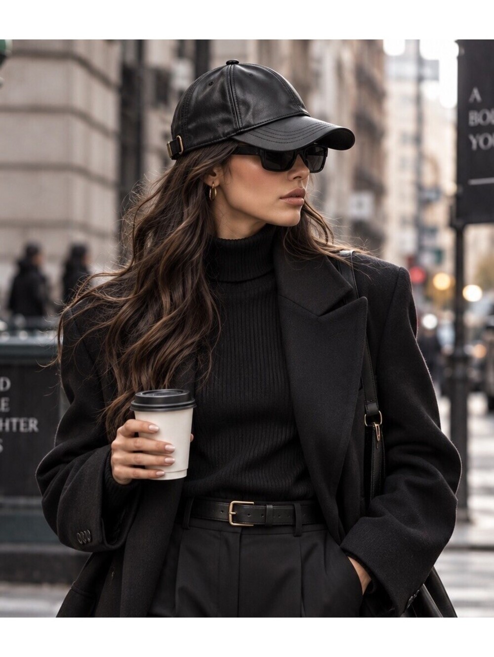 Black Leather Look Baseball Cap Brass Buckle Minimalist Luxury Streetwear Hat